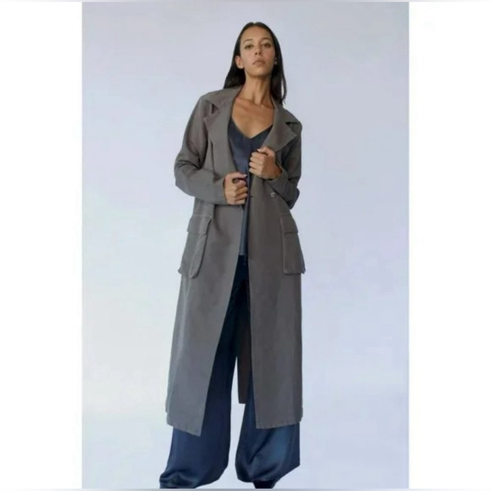NWT STARK-X Oversized Utility Trench Coat Ash Grey Linen Blend Maxi Luxury $399 - Picture 2 of 11